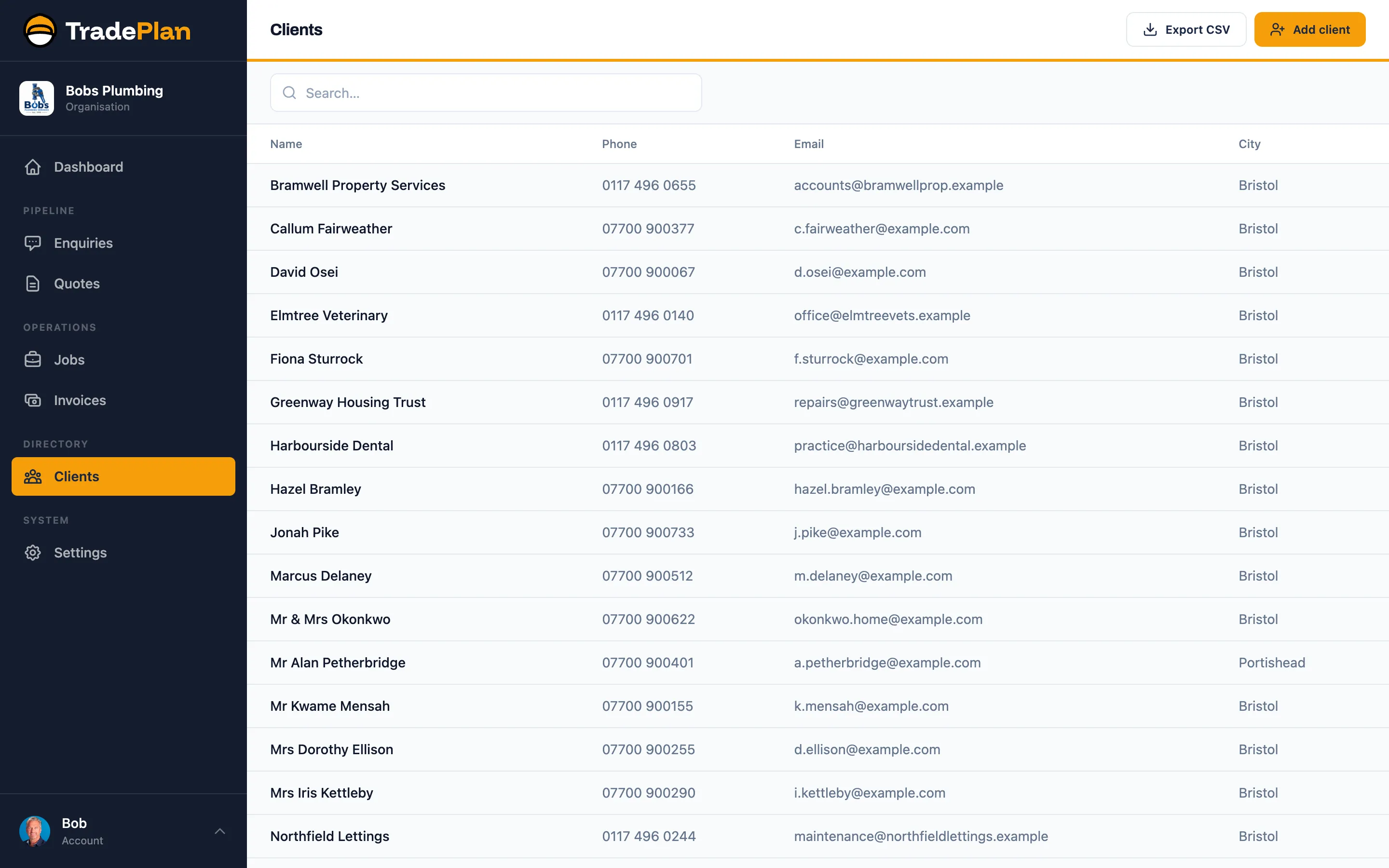 TradePlan client list.